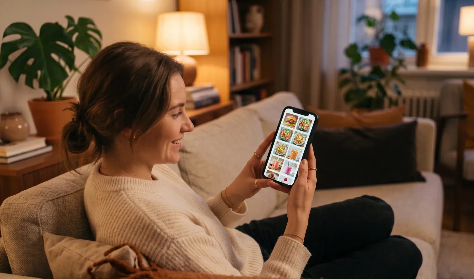Cliente em casa no sofá navegando um cardápio digital de delivery com fotos dos pratos no celular