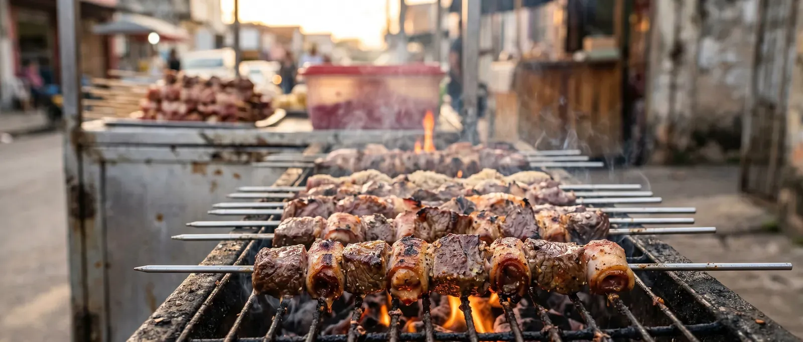 Espetinhos brasileiros com bacon na grelha sobre brasa viva em barraca de rua