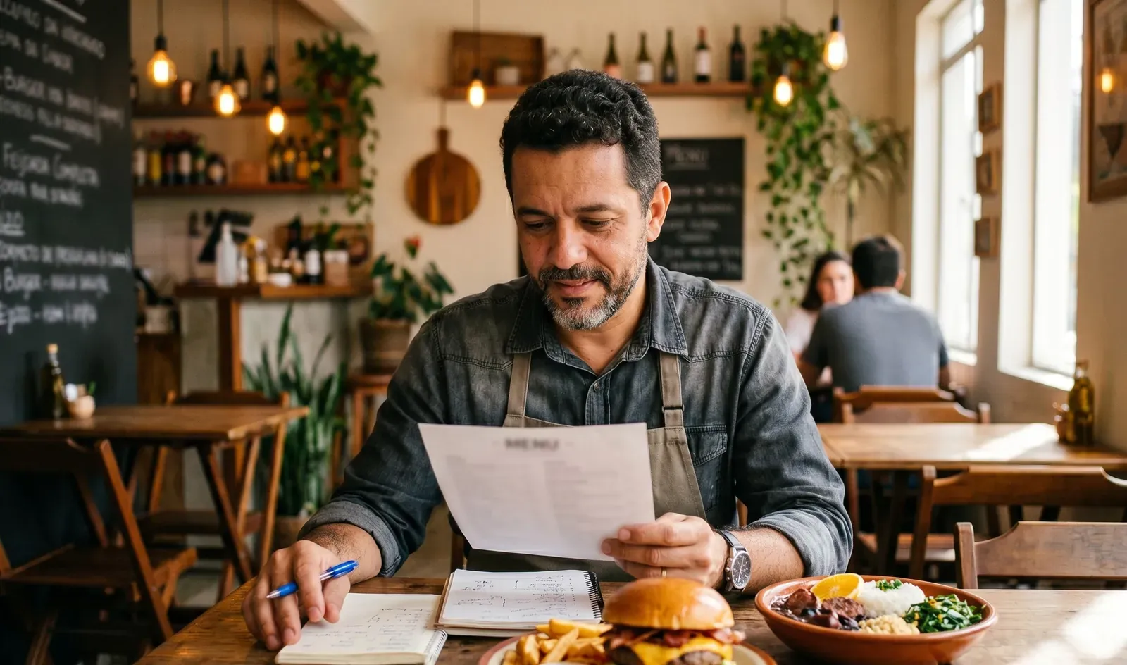 Dono de restaurante revisando o cardápio impresso à mesa, com hambúrguer e prato brasileiro ao lado