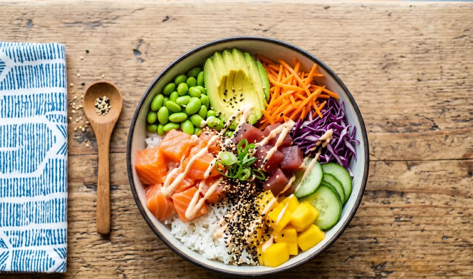Poke bowl visto de cima com cubos de salmão e atum, edamame, abacate, cenoura, repolho roxo, pepino e manga sobre arroz