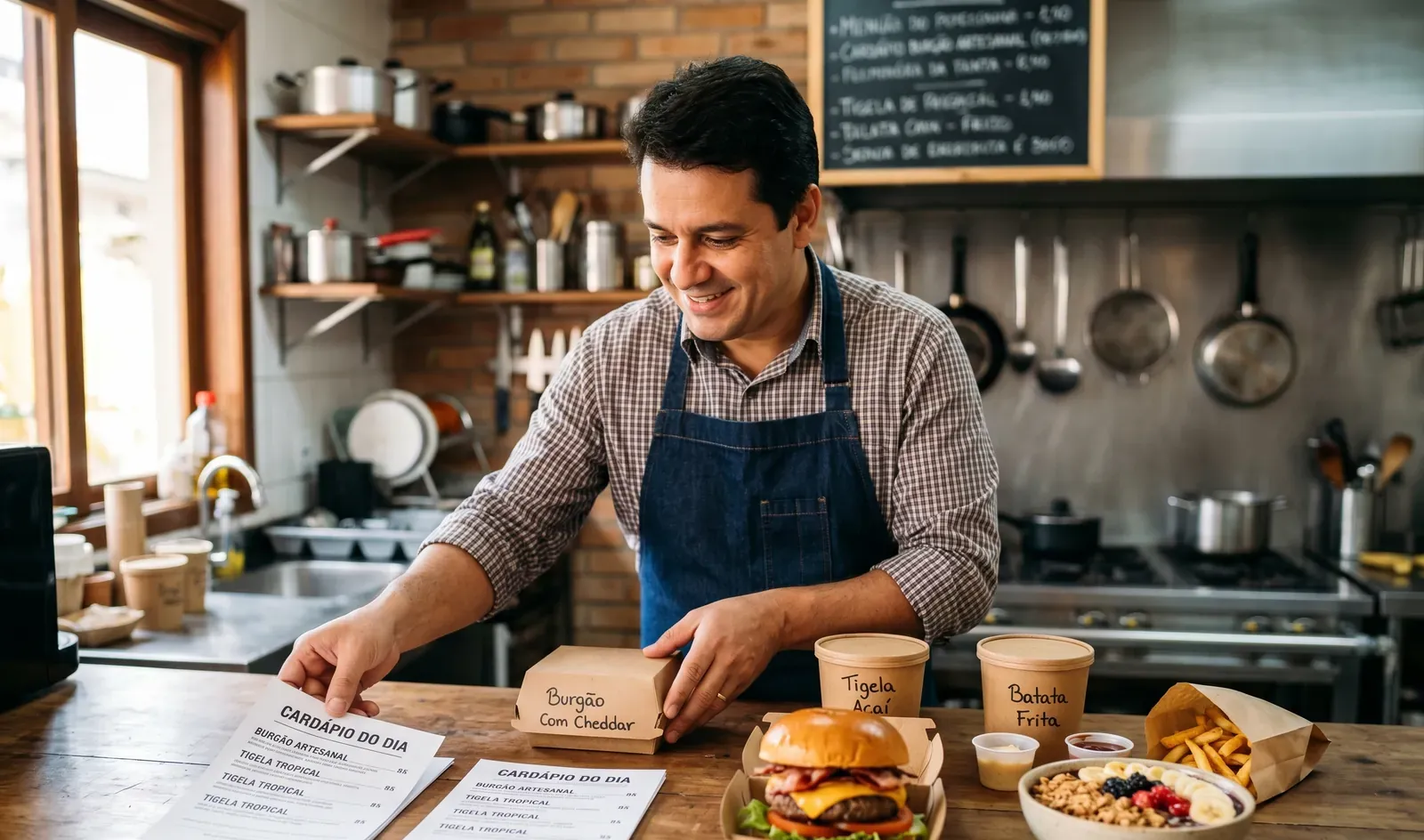 Dono de restaurante organizando os cardápios e os pratos no balcão da cozinha, com o hambúrguer em destaque na frente