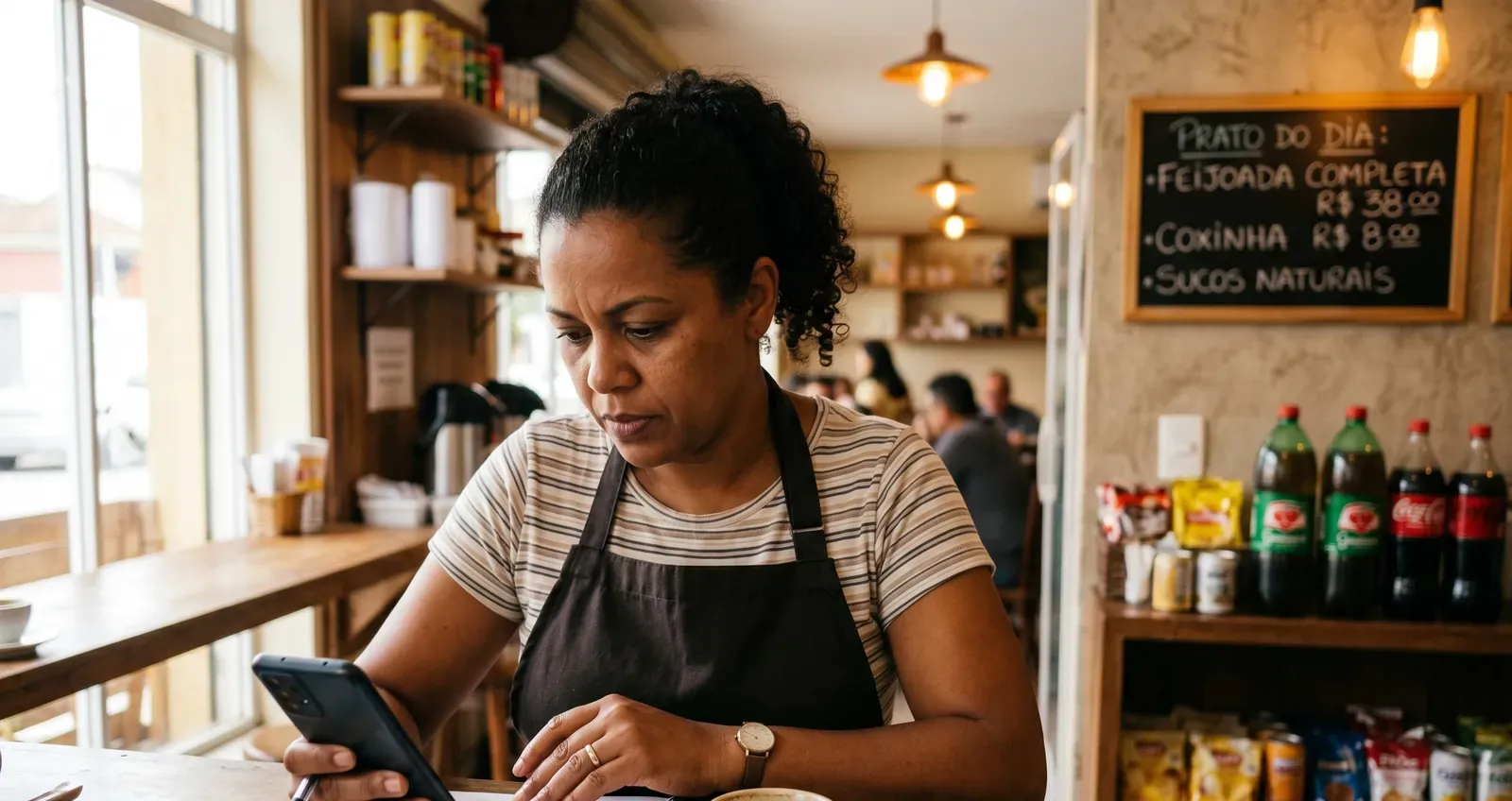 Dona de restaurante brasileiro com avental revisando contas no celular com cardápio ao fundo