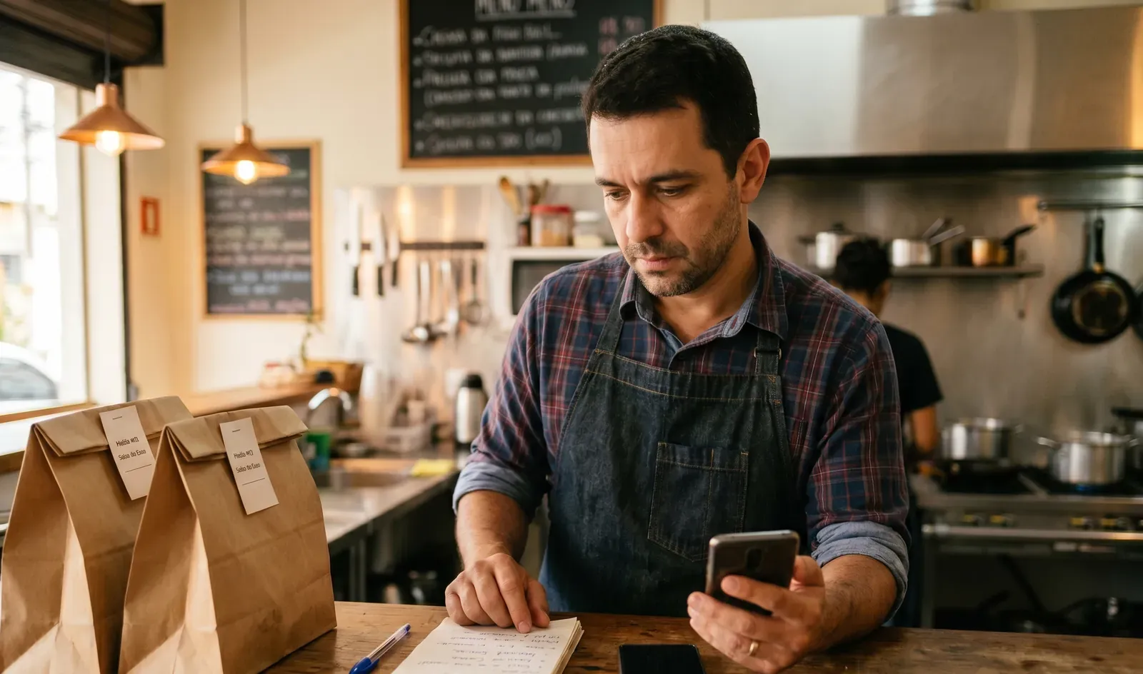 Dono de restaurante atrás do balcão olhando o celular de forma reflexiva, com caderno e sacolas de delivery