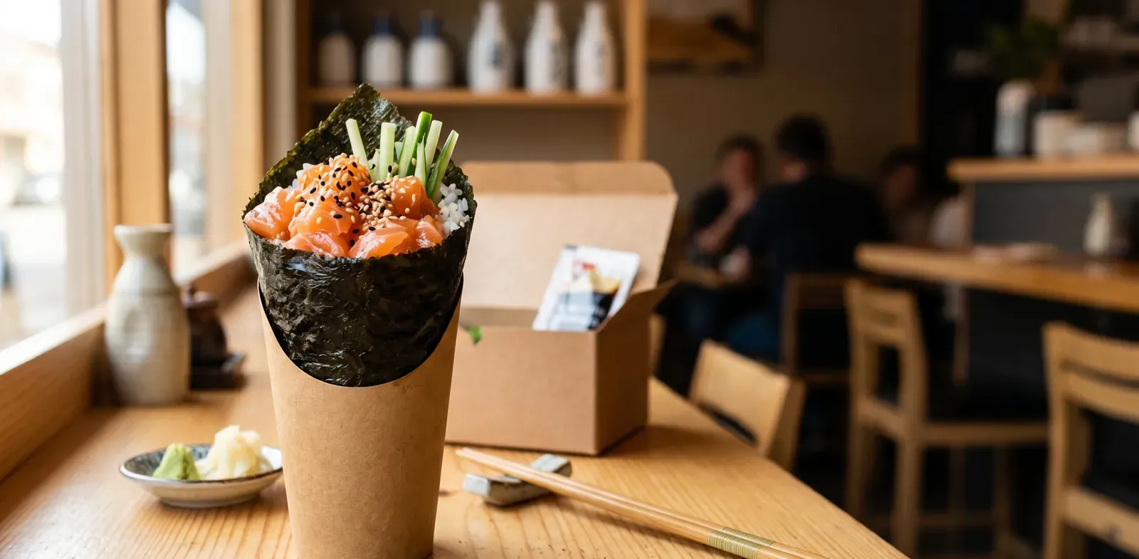 Temaki de salmão em cone de papel kraft para delivery, com alga crocante e caixa de entrega ao fundo na temakeria