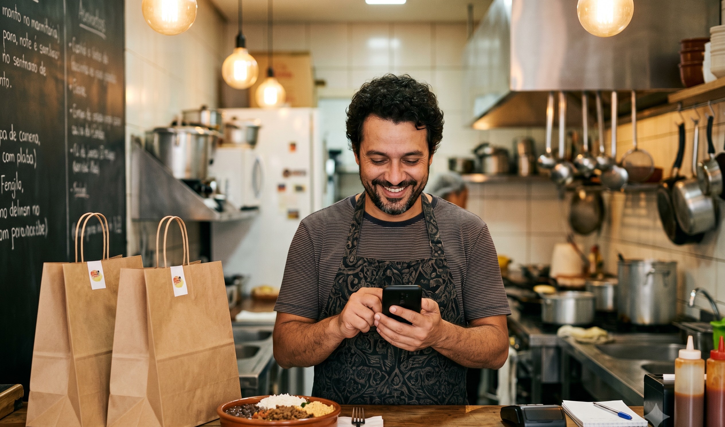 Dono de restaurante sorrindo ao usar o celular atrás do balcão, com sacolas de delivery e prato pronto na cozinha