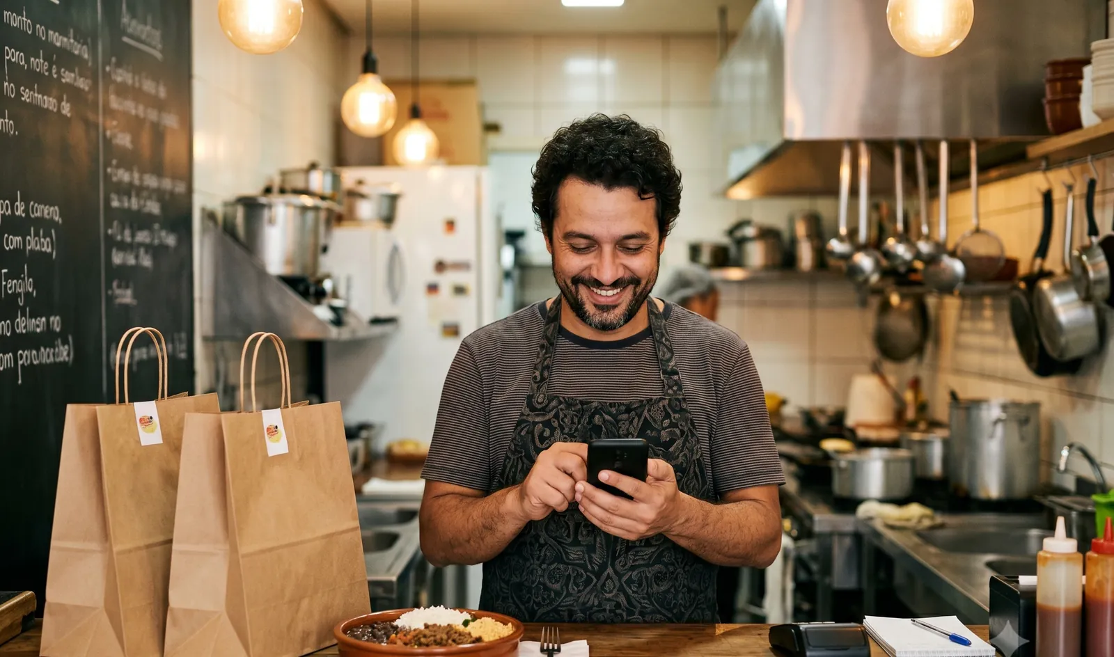Dono de restaurante sorrindo ao usar o celular atrás do balcão, com sacolas de delivery e prato pronto na cozinha