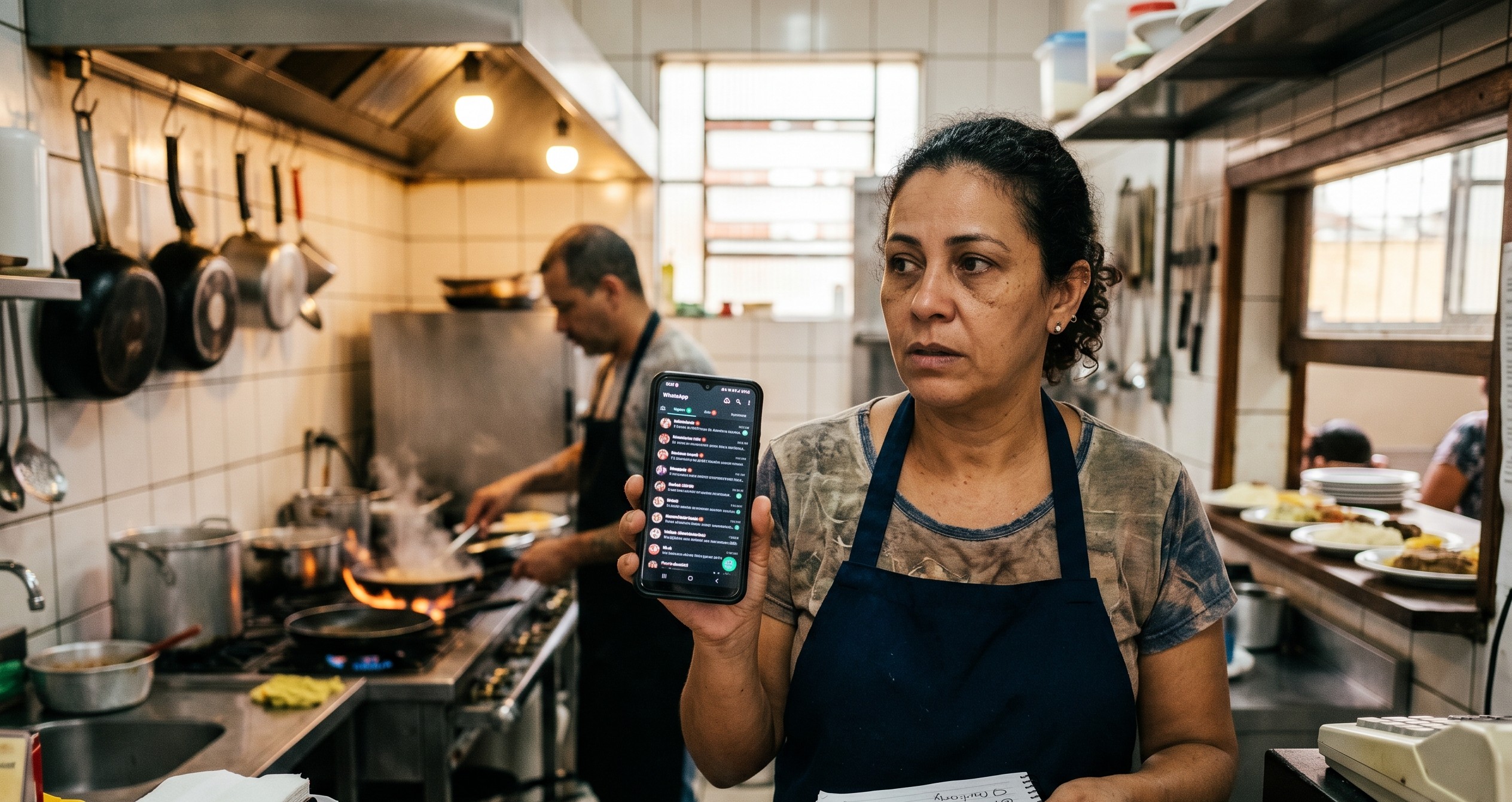 Dona de restaurante brasileira na cozinha segurando celular com WhatsApp enquanto cozinheiro trabalha ao fundo