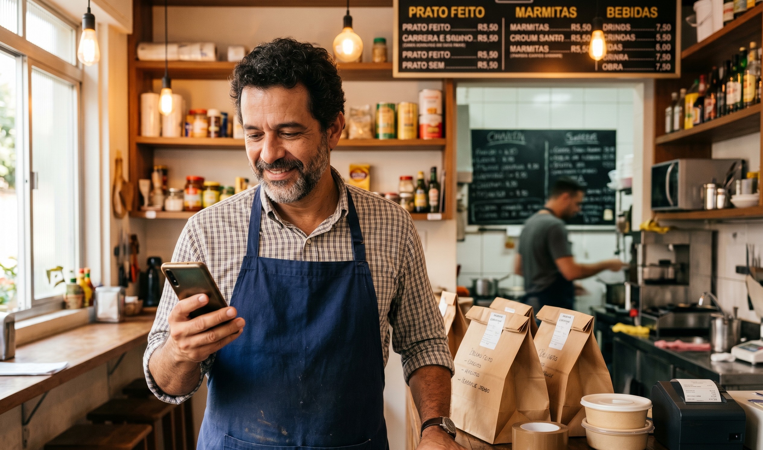 Dono de restaurante brasileiro sorrindo ao ver o celular com sacolas de delivery prontas no balcão e cardápio ao fundo