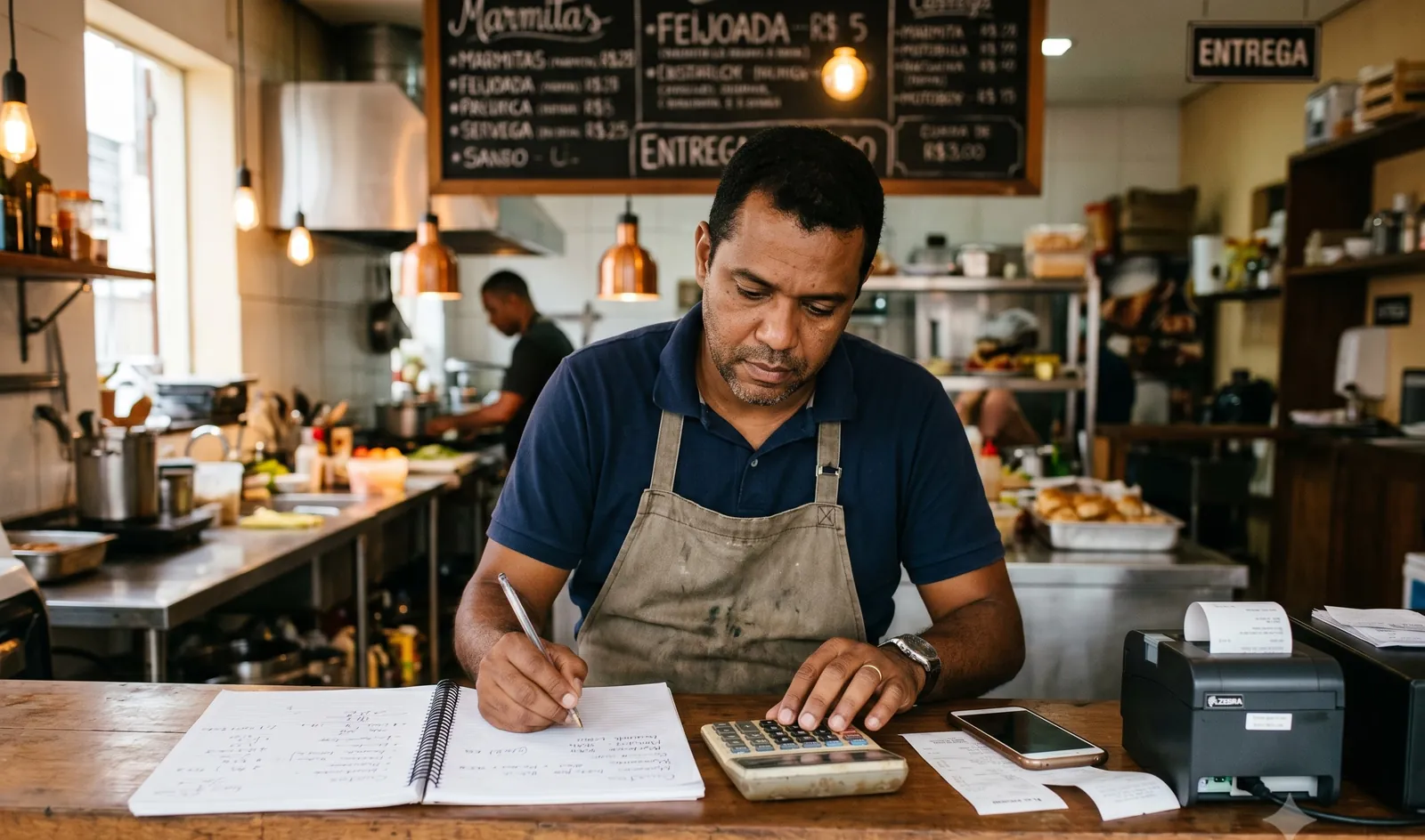 Dono de restaurante fazendo contas com calculadora, caderno, celular e impressora térmica no balcão