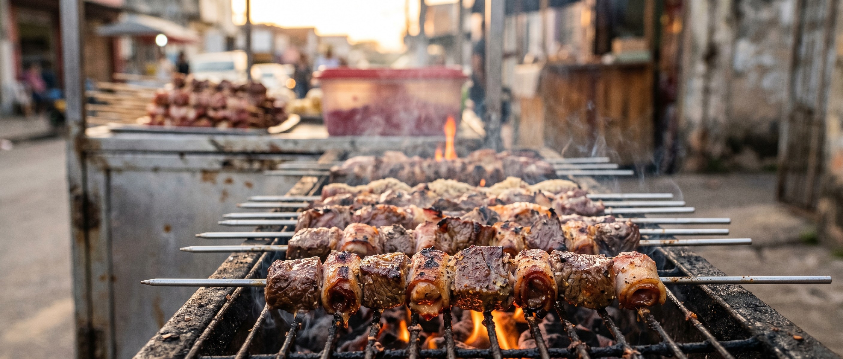 Espetinhos brasileiros com bacon na grelha sobre brasa viva em barraca de rua