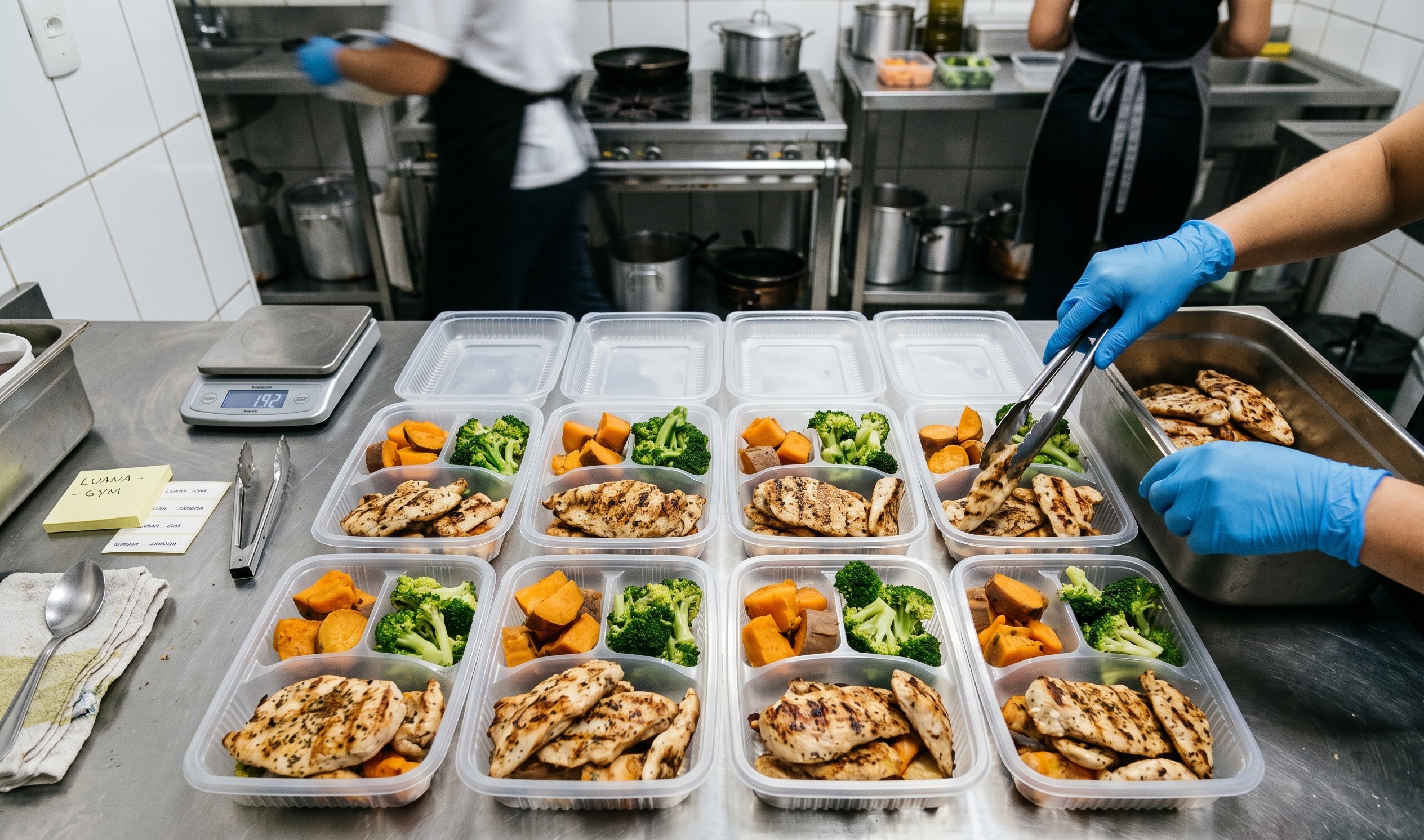 Bancada de inox com marmitex em linha sendo montados com frango grelhado, batata doce e brócolis em cozinha profissional