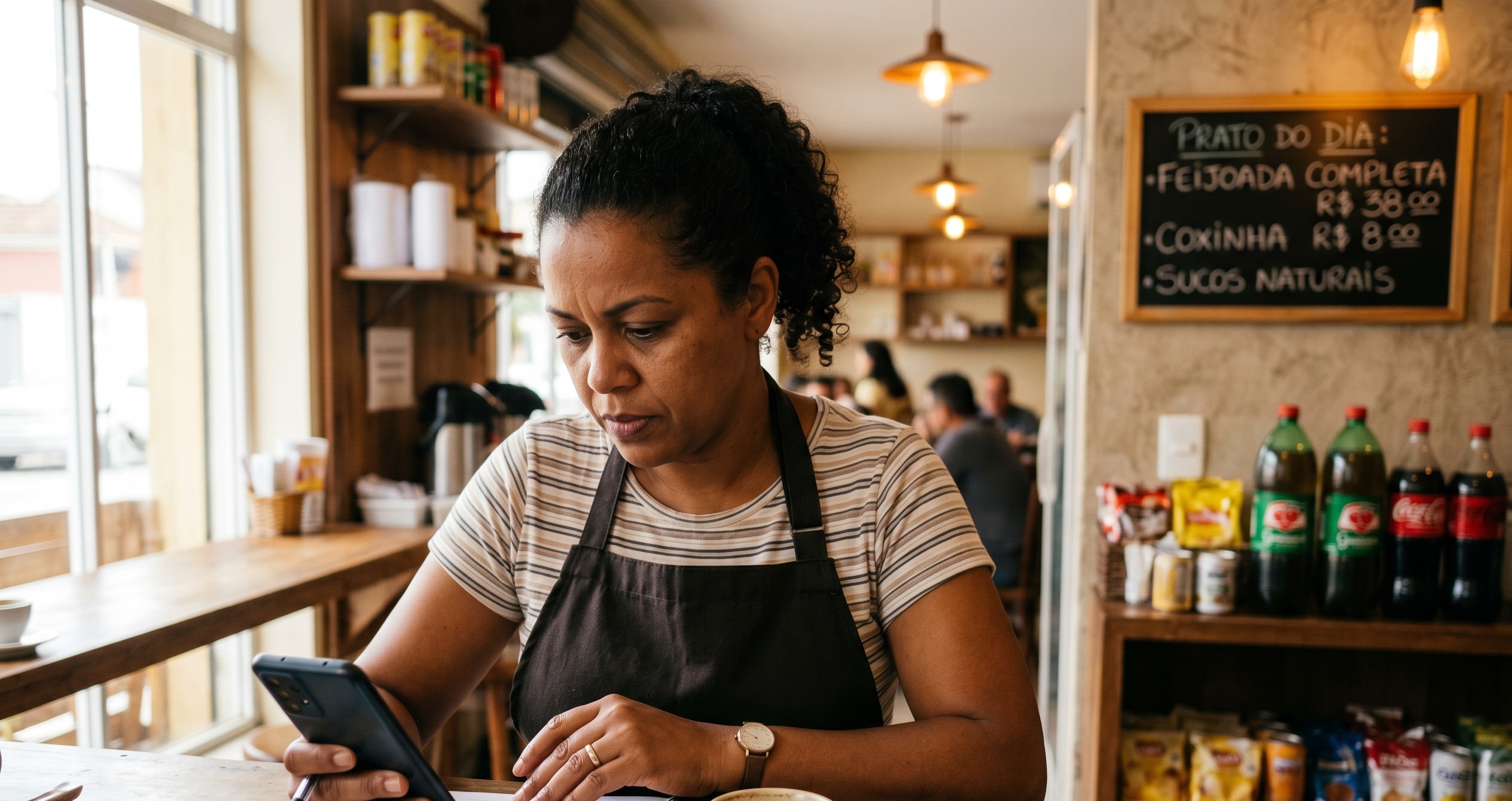 Dona de restaurante brasileiro com avental revisando contas no celular com cardápio ao fundo