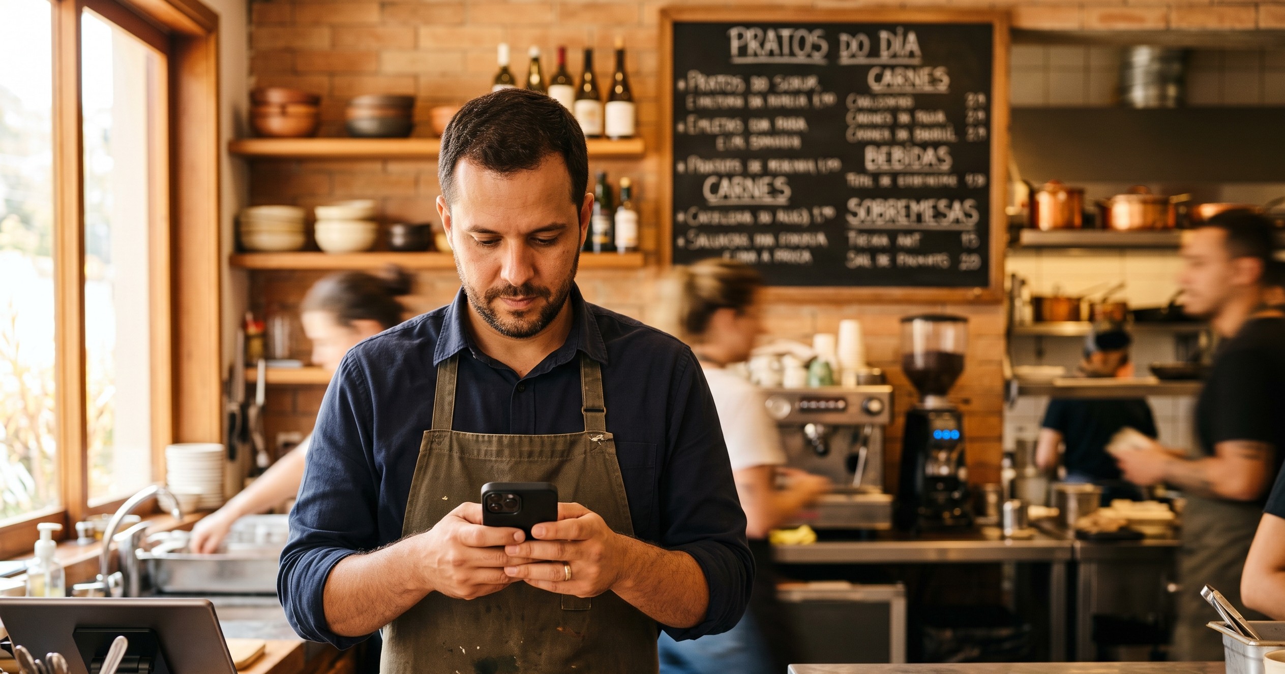 Dono de restaurante com avental usando smartphone no balcão com cardápio ao fundo