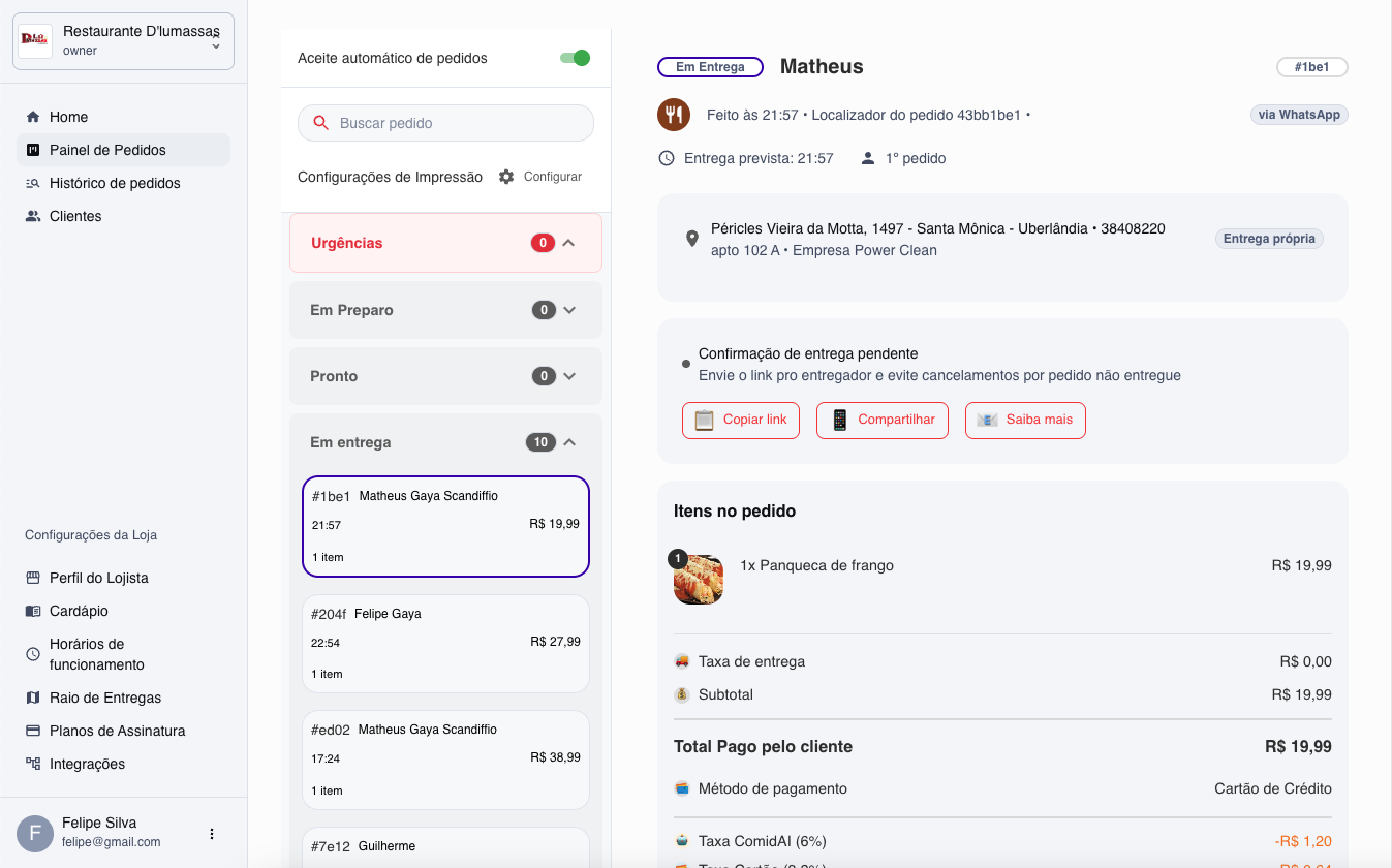 Dashboard de gestão do restaurante mostrando pedidos, ganhos e taxas