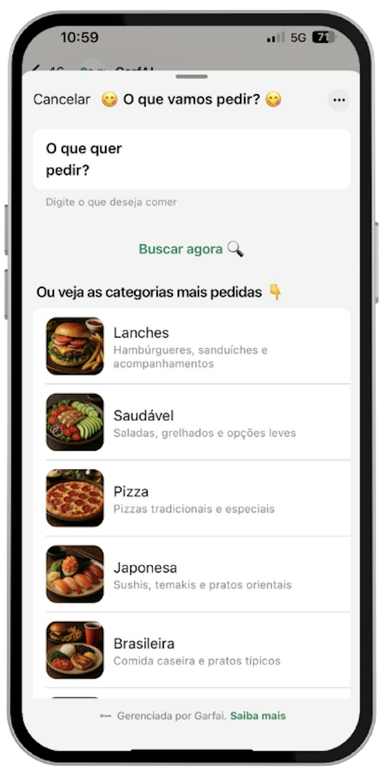 Navegação por categorias no WhatsApp